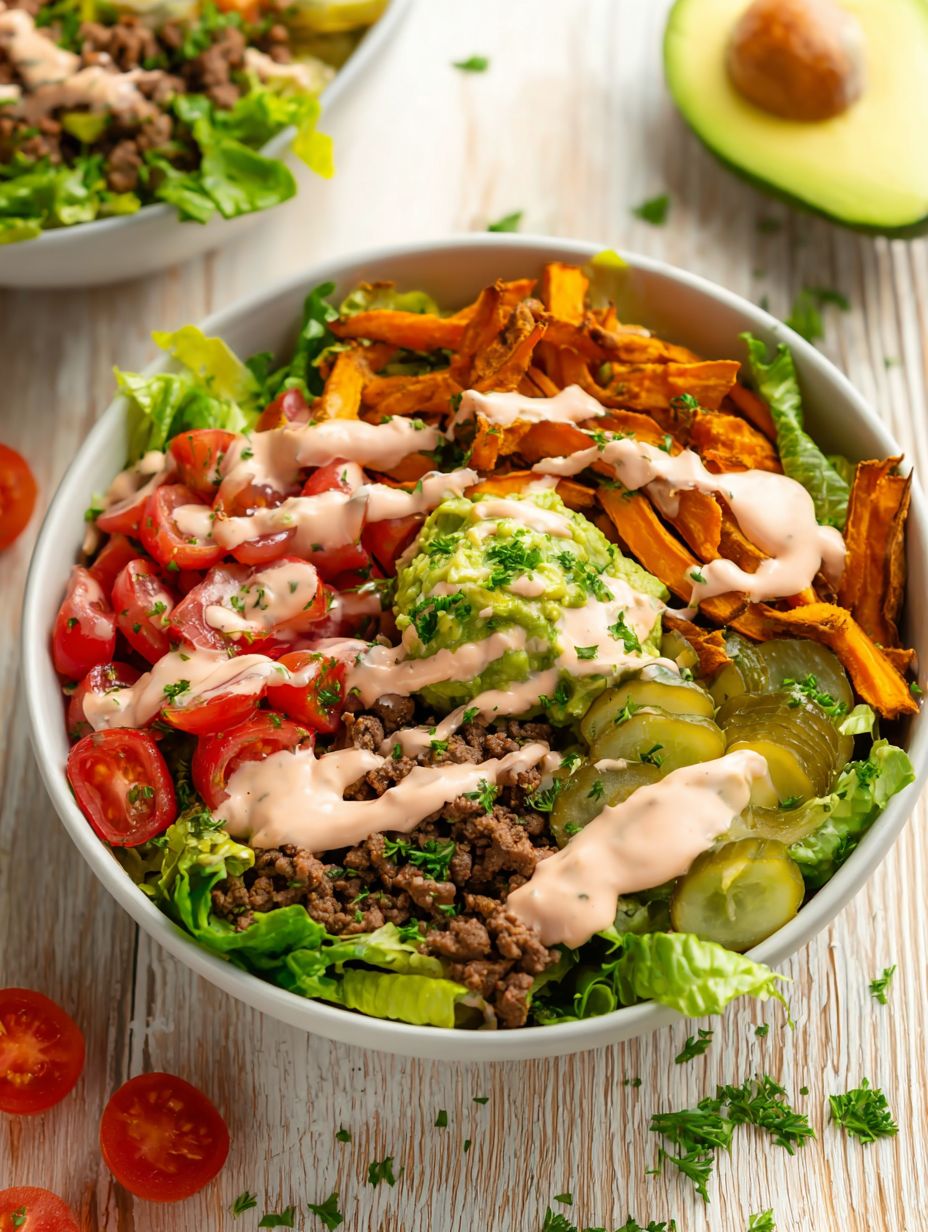 Healthy Burger Bowls with Crispy Sweet Potatoes image 2