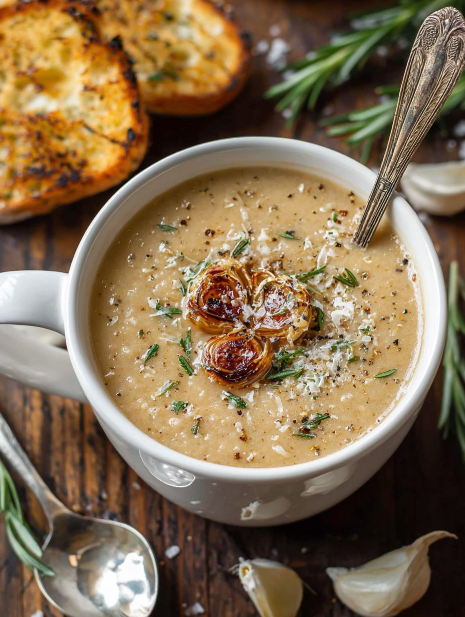 Roasted Garlic Soup with Crispy Garlic Bread image 2